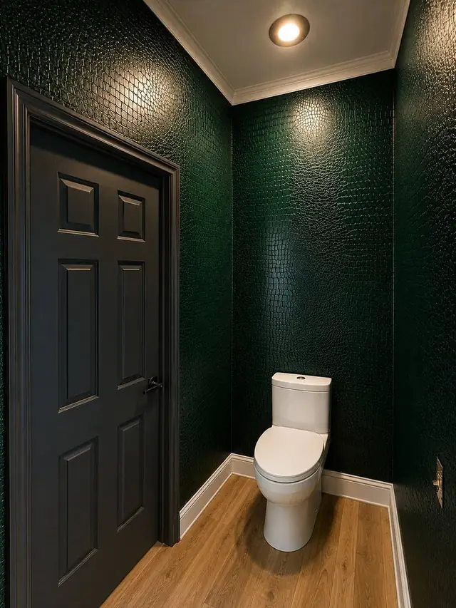 Emerald green crocodile-texture wallpaper powder room
