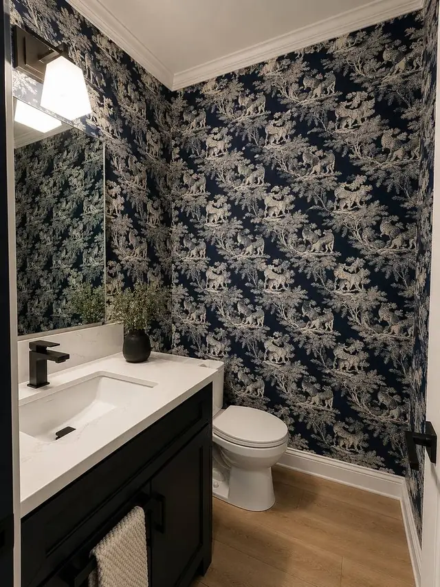 Navy leopard toile wallpaper powder room