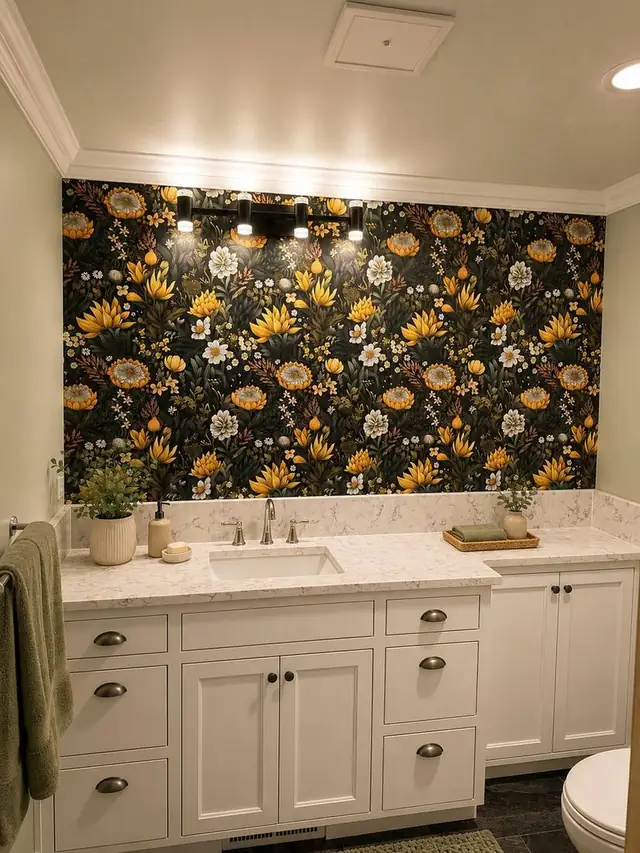Black and yellow botanical wallpaper accent wall in a bathroom, Vancouver