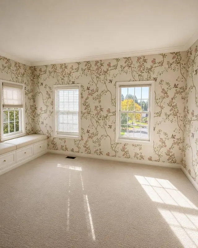 Pink and green floral chinoiserie wallpaper in a child's bedroom, Portland