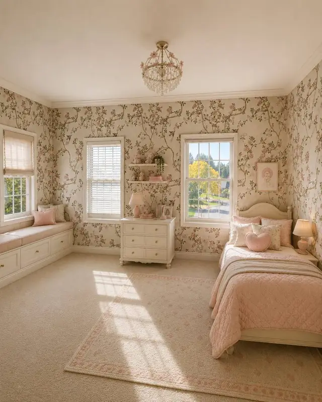Rose floral wallpaper in a pink girl's bedroom, Vancouver