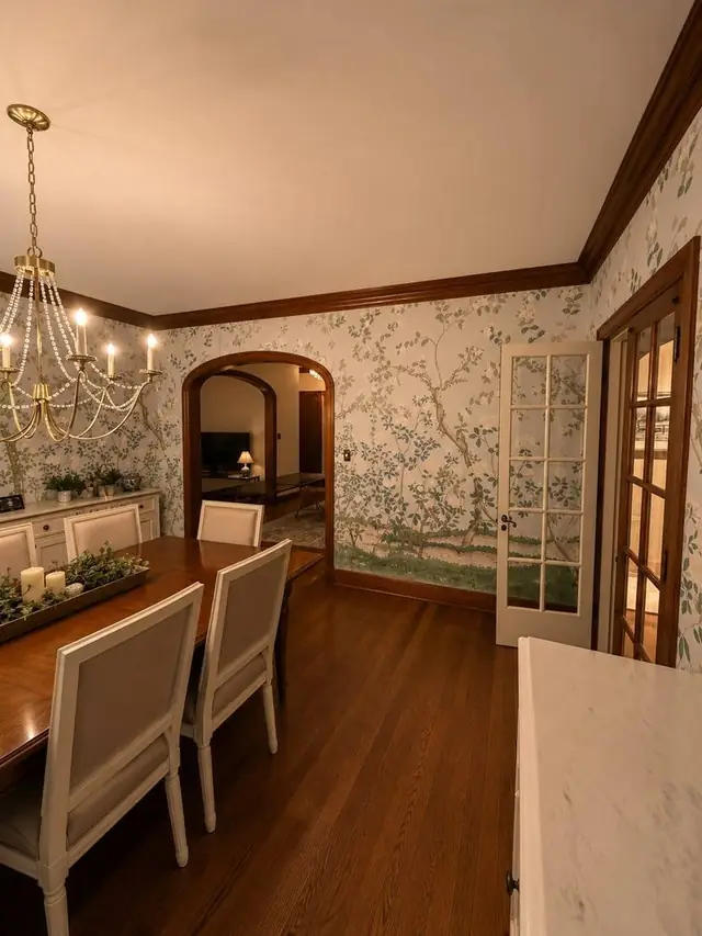 Green chinoiserie mural wallpaper in a furnished dining room, Portland