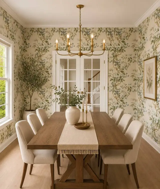 Green floral chinoiserie wallpaper in a furnished dining room, Vancouver
