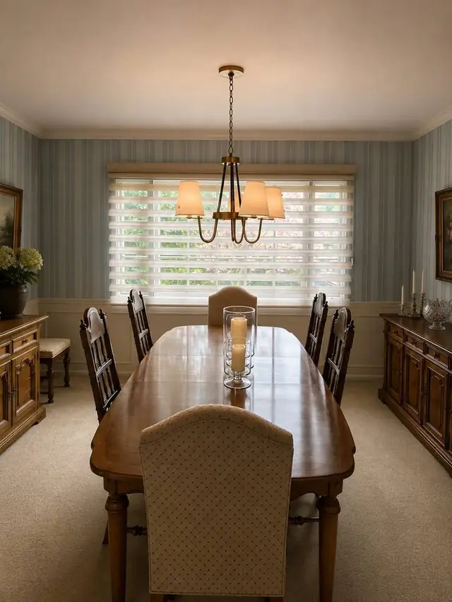 Blue striped wallpaper in a traditional dining room with wainscoting, Portland