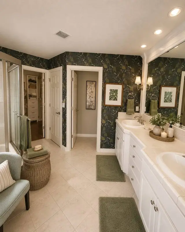 Dark botanical wallpaper primary bathroom with white vanity, Portland