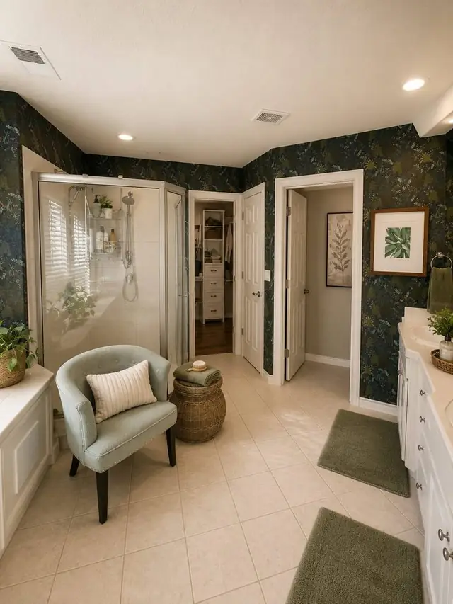 Dark botanical wallpaper bathroom with walk-in shower, Portland