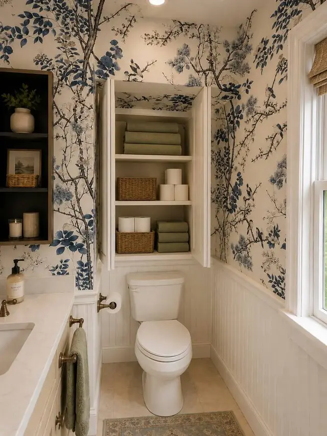 Blue and white chinoiserie floral wallpaper powder bathroom, Portland