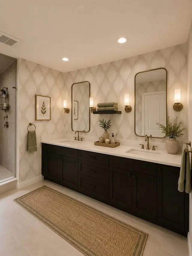 Beige ogee wallpaper bathroom with double vanity and dark cabinetry, Vancouver