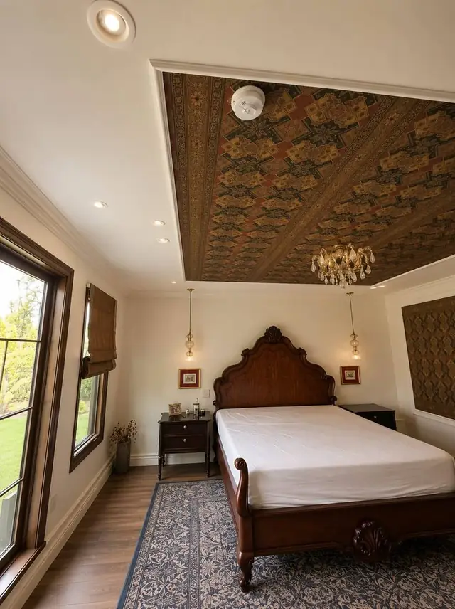 Ornate patterned wallpaper on a tray ceiling above a bed, Vancouver
