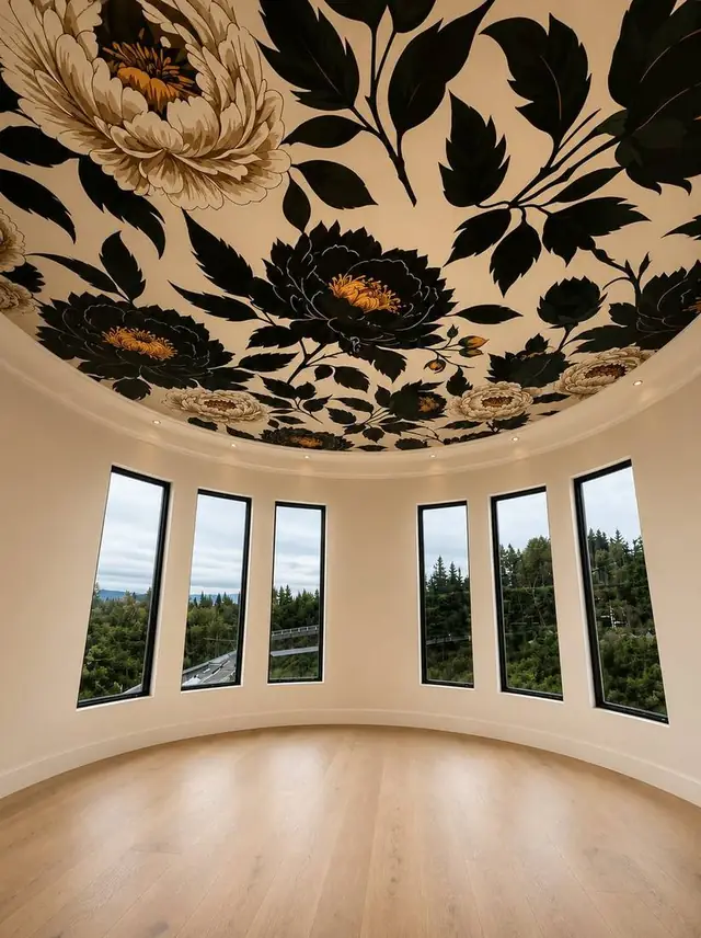 Bold floral mural wallpaper on a curved ceiling in a round room, Portland
