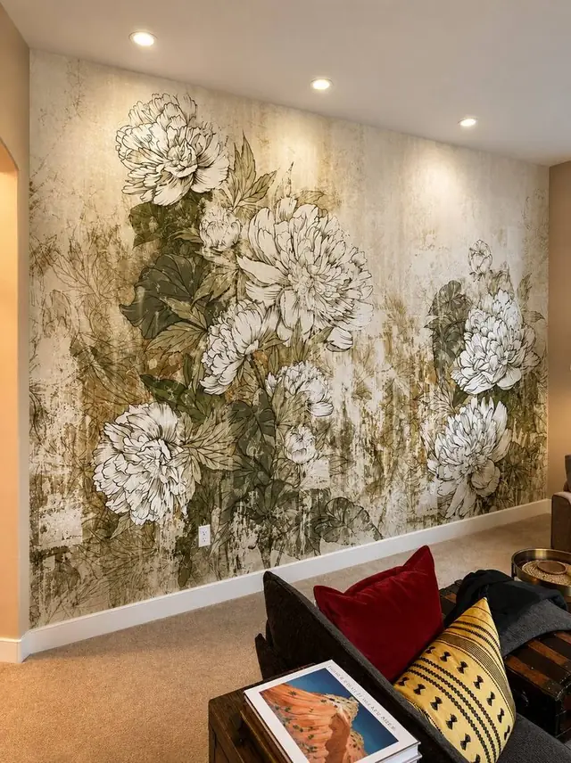 Vintage peony floral mural wallpaper on a living room feature wall, Portland