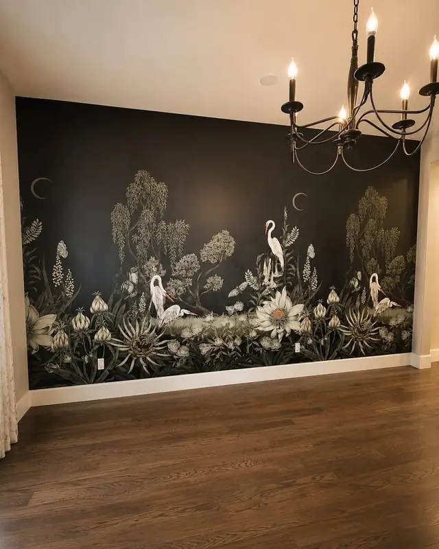 Dark botanical mural with herons and cranes in a dining room, Vancouver