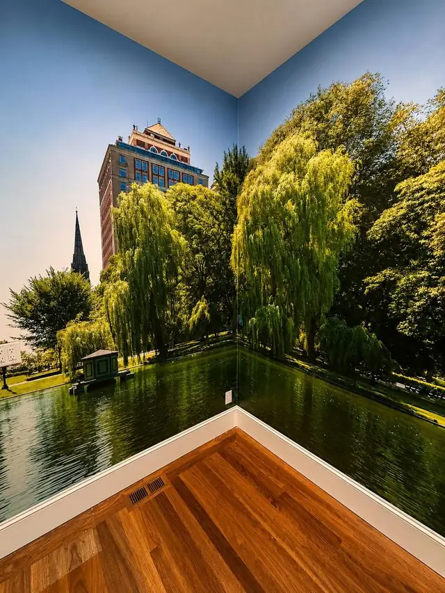 Panoramic park and pond photographic mural wrapping a room corner, Portland