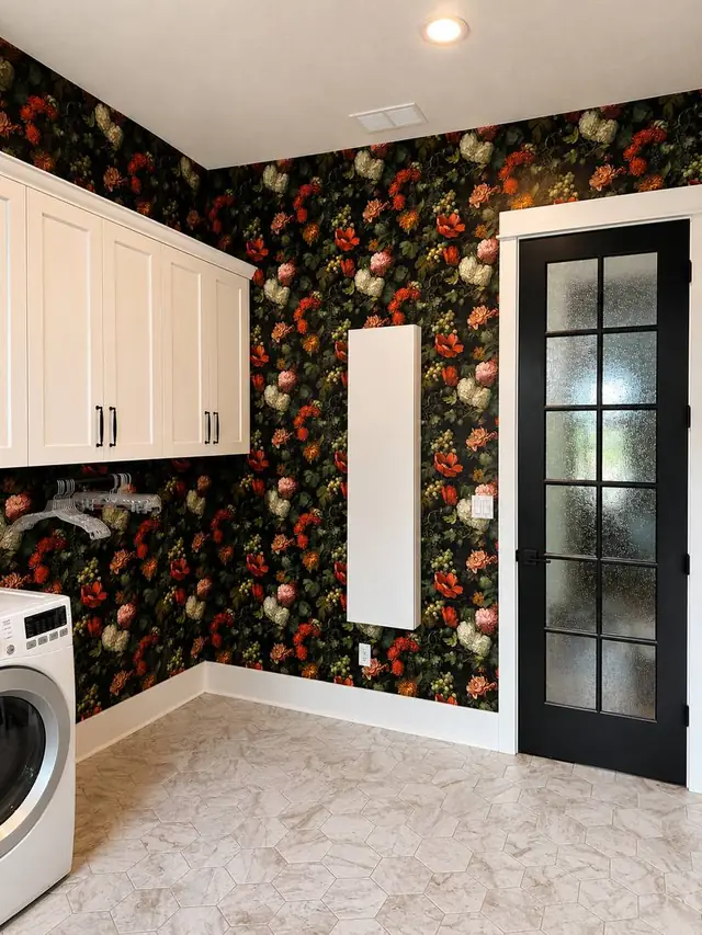 Dark floral vinyl wallpaper in a laundry room, Portland