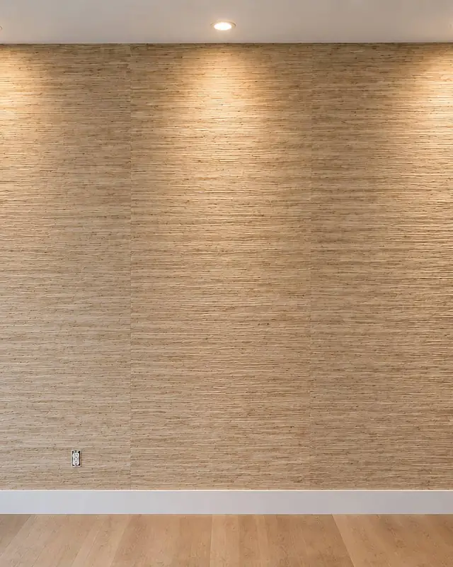 Natural grasscloth wallpaper on an accent wall with downlights, Portland