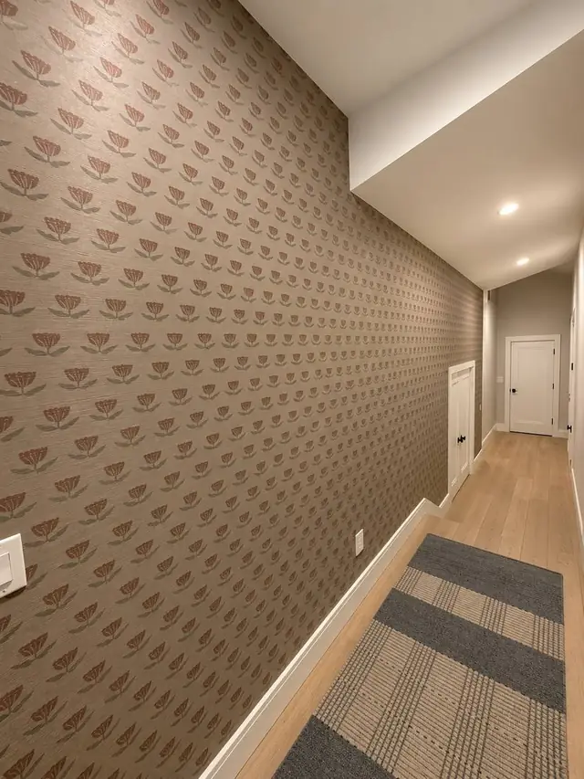 Fabric-textured floral block-print wallpaper in a hallway, Vancouver