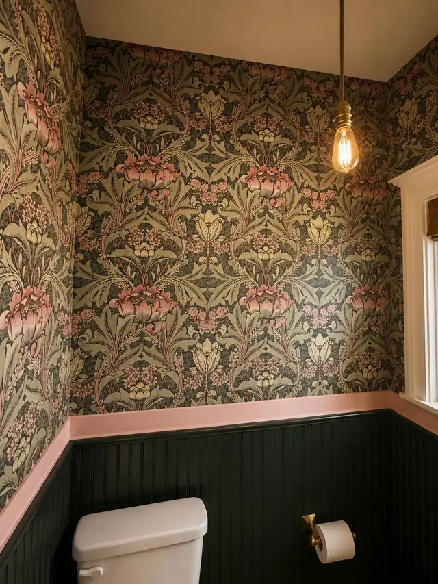 Pink and green William Morris peel-and-stick wallpaper in a powder room, Portland